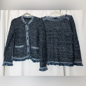 Ann Taylor Tweed Knit Cardigan Blazer Top 2pc Set Fiesta Blue Fringe Sequin Lrge